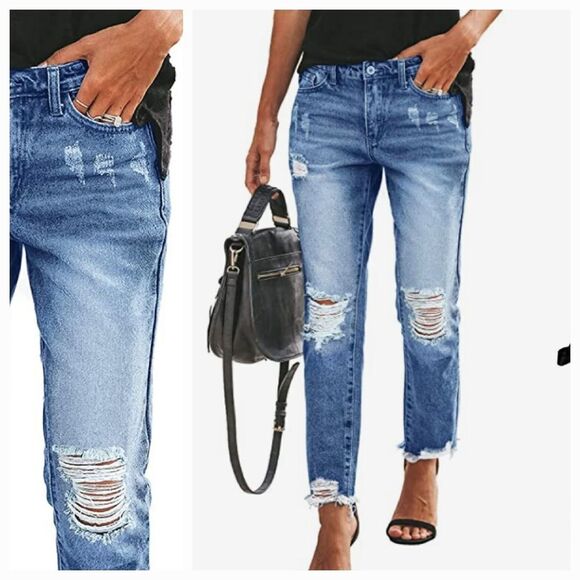 HDLTE Women Ripped Jeans Distressed Boyfriends Jeans Frayed Ankle Skinny Denim - Picture 1 of 10